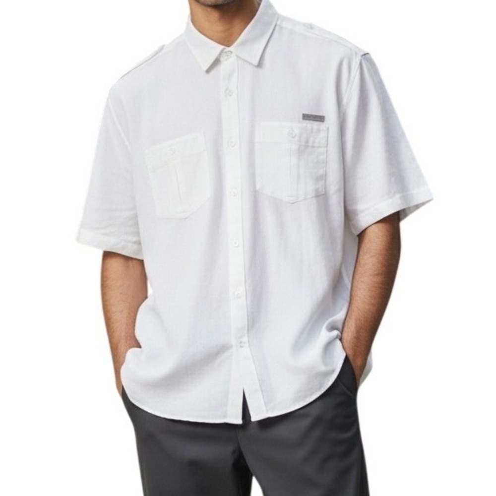 Sean John Men's 2XL Linen Blend Short Sleeve Shirt White‎ Epaulet Safari Utility